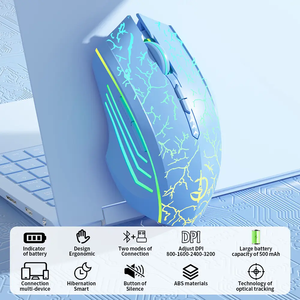 Dual-mode Bluetooth wireless mouse, rechargeable, with a power level display, quiet buttons, and dreamy RGB lighting effects. Suitable for gaming, office work, and studying, compatible with desktop computers and laptops.
