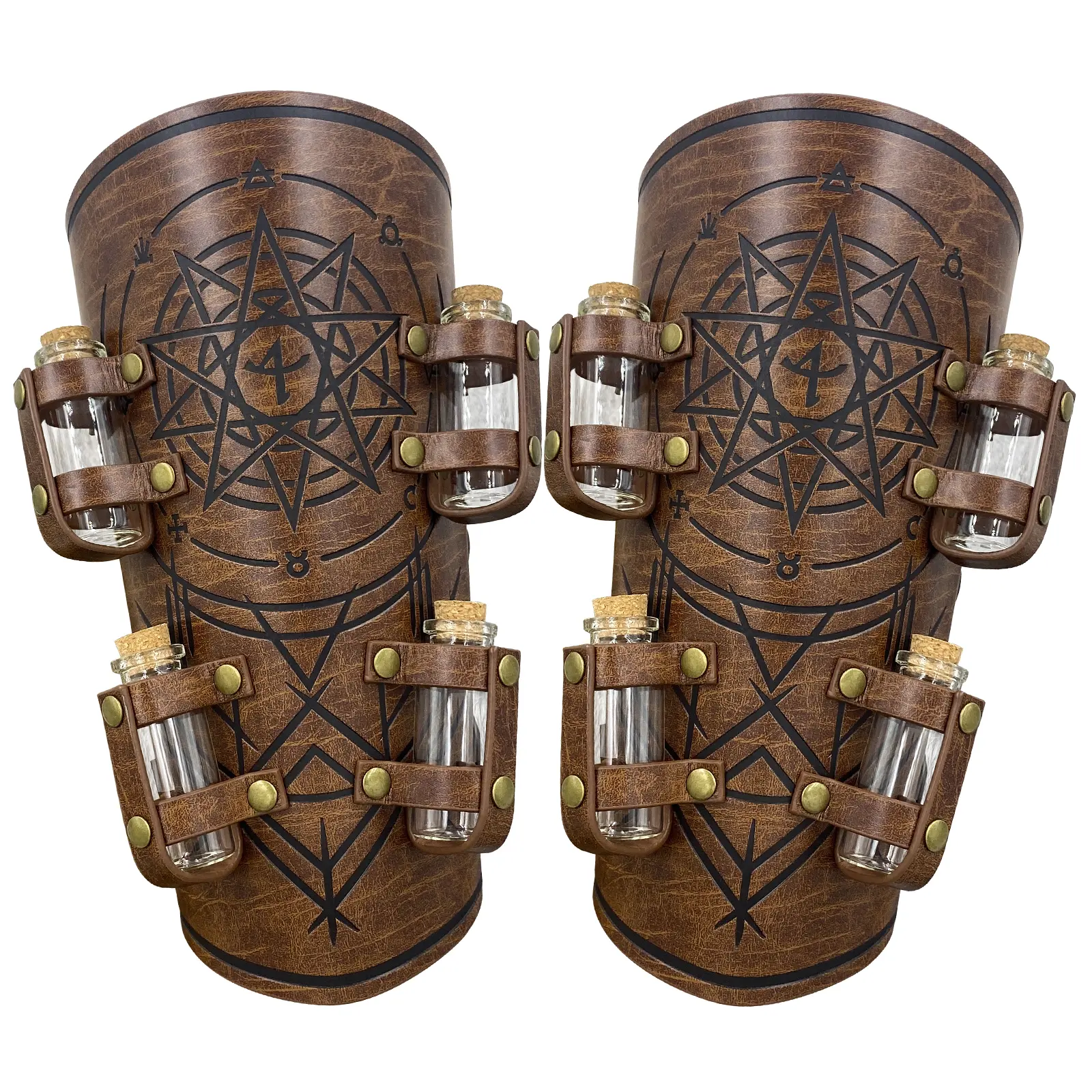 HiiFeuer Medieval Embossed Alchemy Bracers - Faux Leather Buckle Arm Guards with 8 Cork Vials, Fantasy Magic Archer Gauntlets for Protective Outdoor Use, Medieval Embossing, Pu Leather, Fantasy Design, Unisex, Alchemy Vials, Cool, Funky, Fantasy Armor Cos