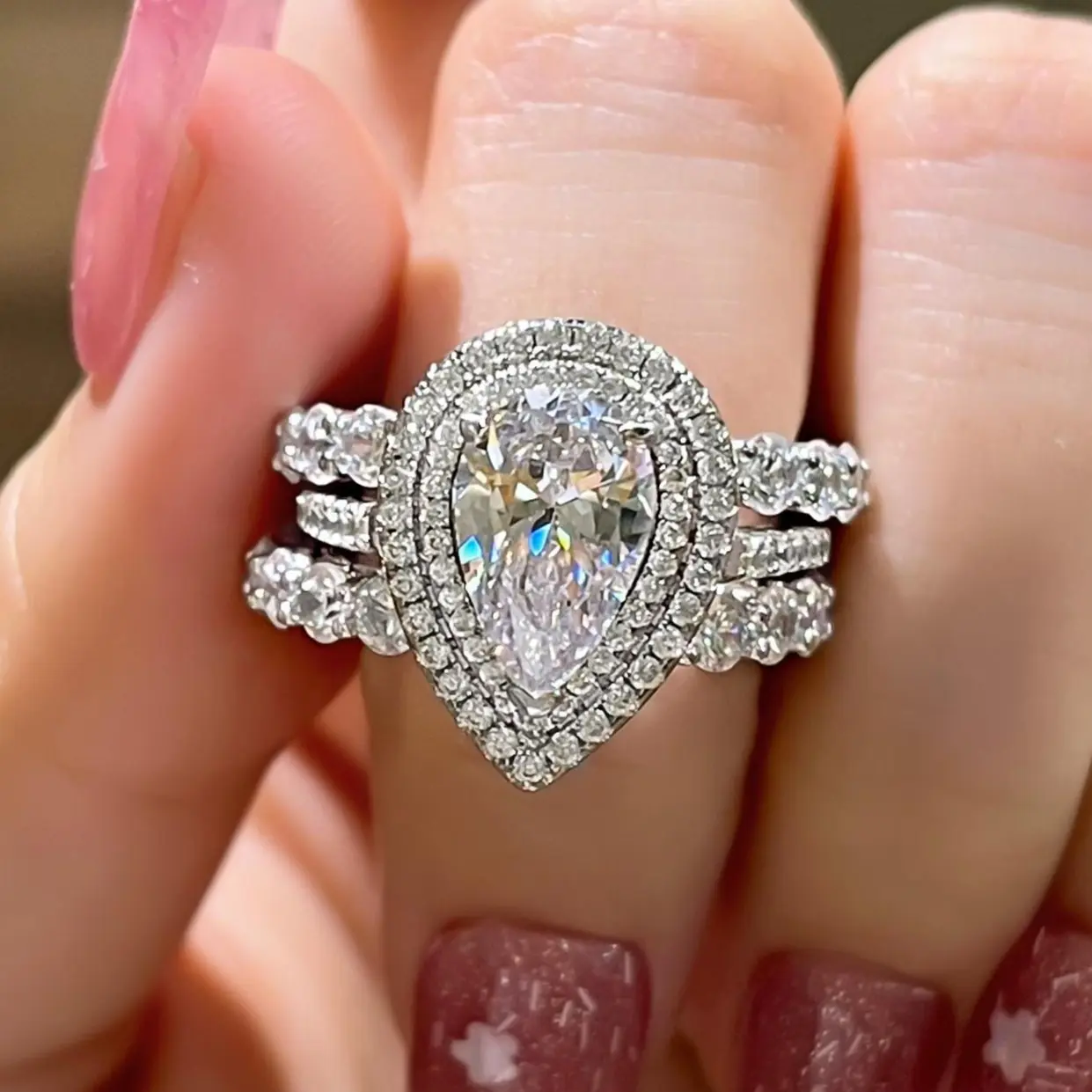 Effinny Pear Cut 2.5ct Eternity Double Halo 3PC Wedding Ring Set, 925 Sterling Silver Promise Ring, 5A Cubic Zirconia Anniversary Ring for Women Outdoorfun, Bridal Ring Set, Adults