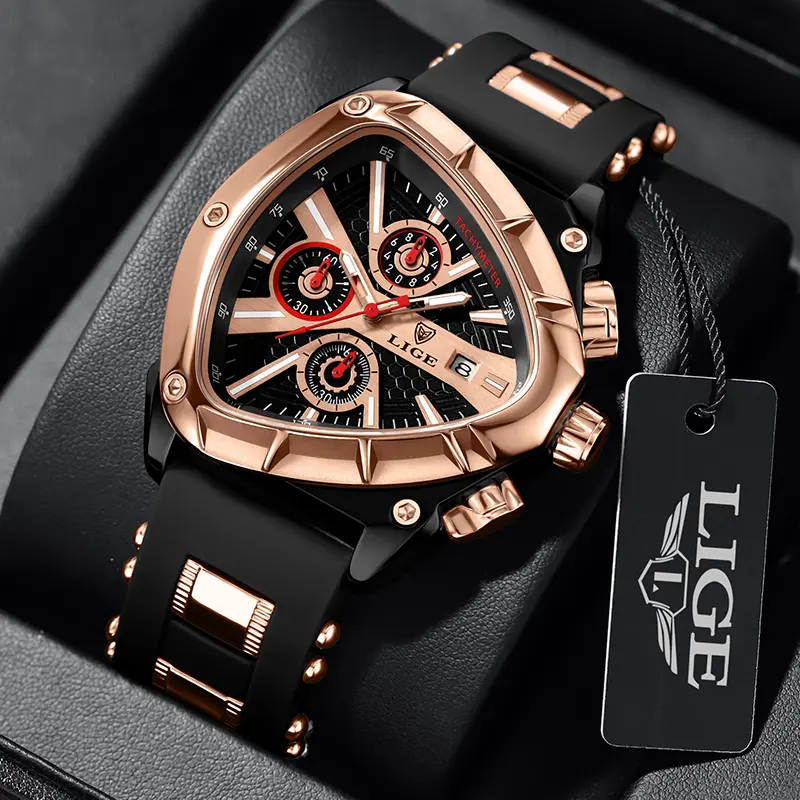 Lige Unique-Shaped Men's Analog Wristwatch - 48mm Large Hardlex Glass Dial, Chronograph, Date Calendar Display, Water-Resistant, Night Luminous Silicone Buckle Band, for Everyday Use, Casual Business Wristwatch, Multifunction Wristwatch