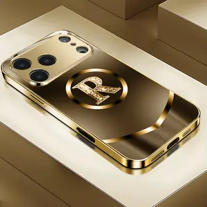 Beautiful High-End Elegant Letter R Pattern Electroplated Gold New Phone Case Suitable for iPhone 17/17 Pro/17 Air/17 Pro Max/16/16 Pro/16 Plus/16 Pro Max/15/15 Pro/15 Pro Max/14/14 Pro/14 Plus/14 Pro Max/13/13 Pro/13 Pro Max/13/12/17/XR/XS/X Tempered Gla