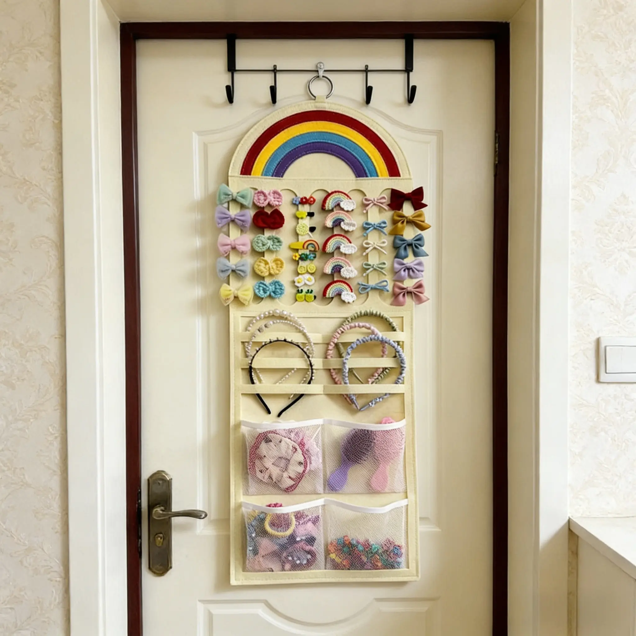 Rainbow Color Hair Accessory Storage Organizer, Wall-Mounted Hanging Bag with Multiple Compartments for Organizing Hair Bow Clips, Barrettes Storage, Hangable Organizer Pouch