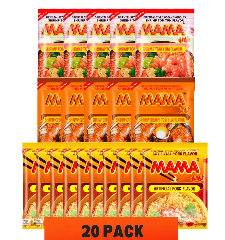Authentic Thai Mama Instant Noodles 20-Pack Ambient Food Value Bundle - 90g Wheat-Based Packs, Classic Savory Trio Flavors (Spicy Sour Shrimp x5, Tom Yum Soup x5, Minced Meat x10) - Quick Meals for Travel, Business Trips