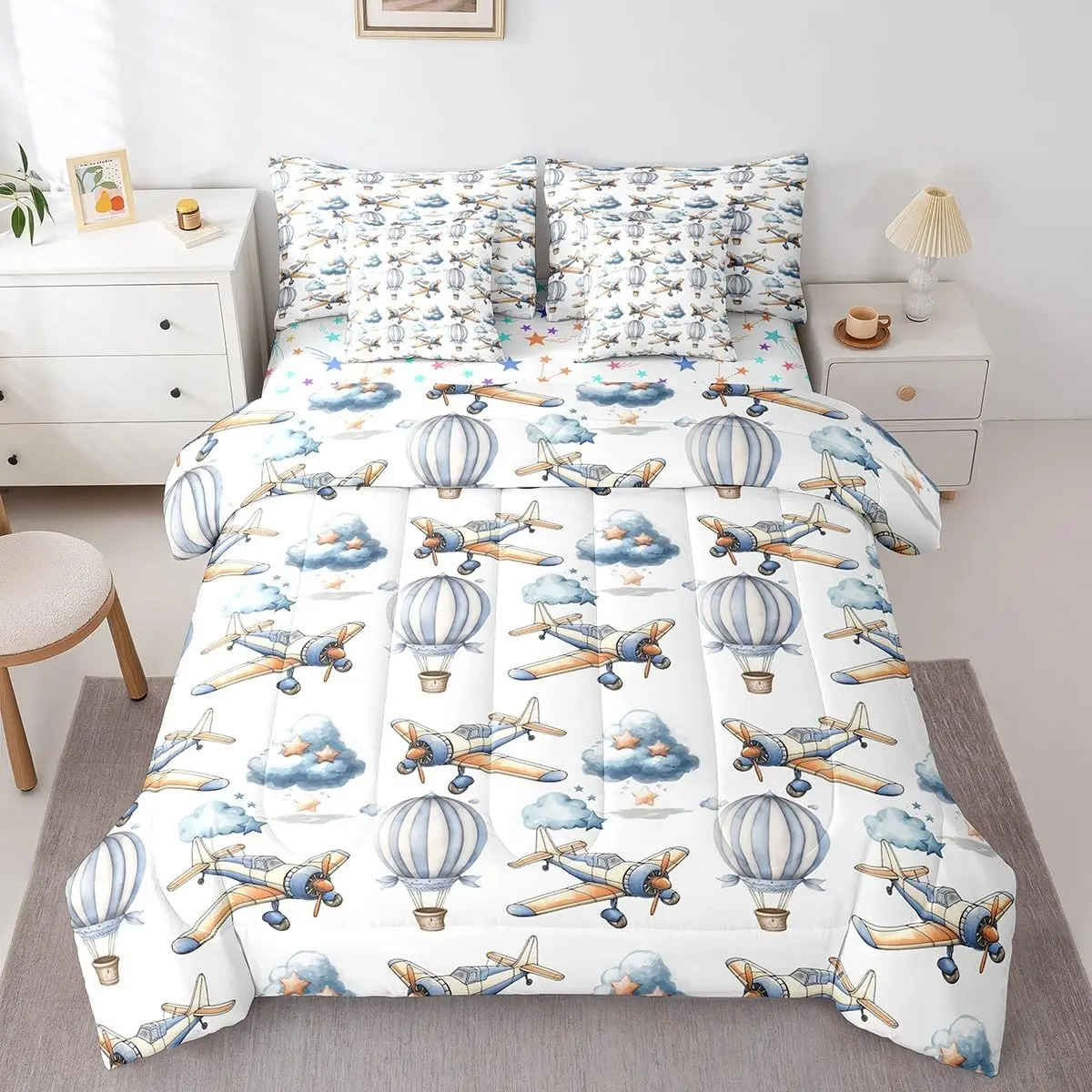 7 Pcs Hot Air Balloons Comforter Set,Airplane Aircraft Aviation Plane Bedding Set,Cartoon Stars Clouds Dreamy(Comforter+Fitted+Flat Sheet+2 Pillowcases+2 Throw Pillow Covers)
