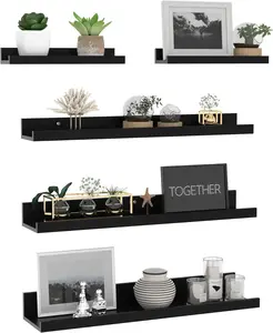 Large Floating Shelves for Wall Set of 5, Black Wood Wall Shelves for Bathroom, Bedroom, Kitchen, Living Room Storage, Wooden Picture Ledge