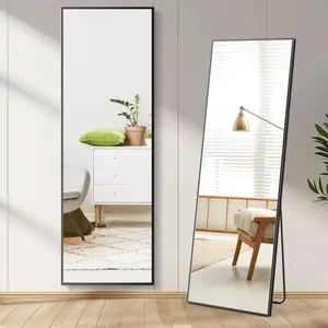 Rectangle Floor Full Length Mirror 64"x21", Aluminum Alloy Thin Frame Floor Standing Mirror, Hanging or Leaning for Wall, Suitable for Bedroom, Living Room, Dressing Room, Black