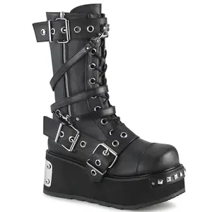Demonia Men's Trashville-250 Black Vegan Leather Knee-high Boots with 3 1/4" Platform & Chrome Metal Plated Studs Lace-Up Closure - Footwear