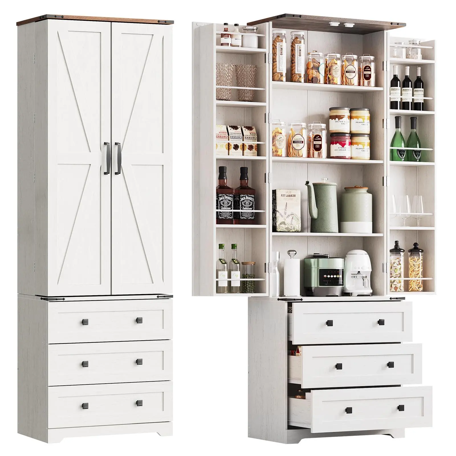 White+brown Farmhouse Kitchen Pantry Cabinet - 72" Tall Large Wood Kitchen Storage Cabinets with Adjustable Shelves & 2 Barn Doors & 3 Drawer, Versatile Storage for Dining Room, Bathroom, Living Room