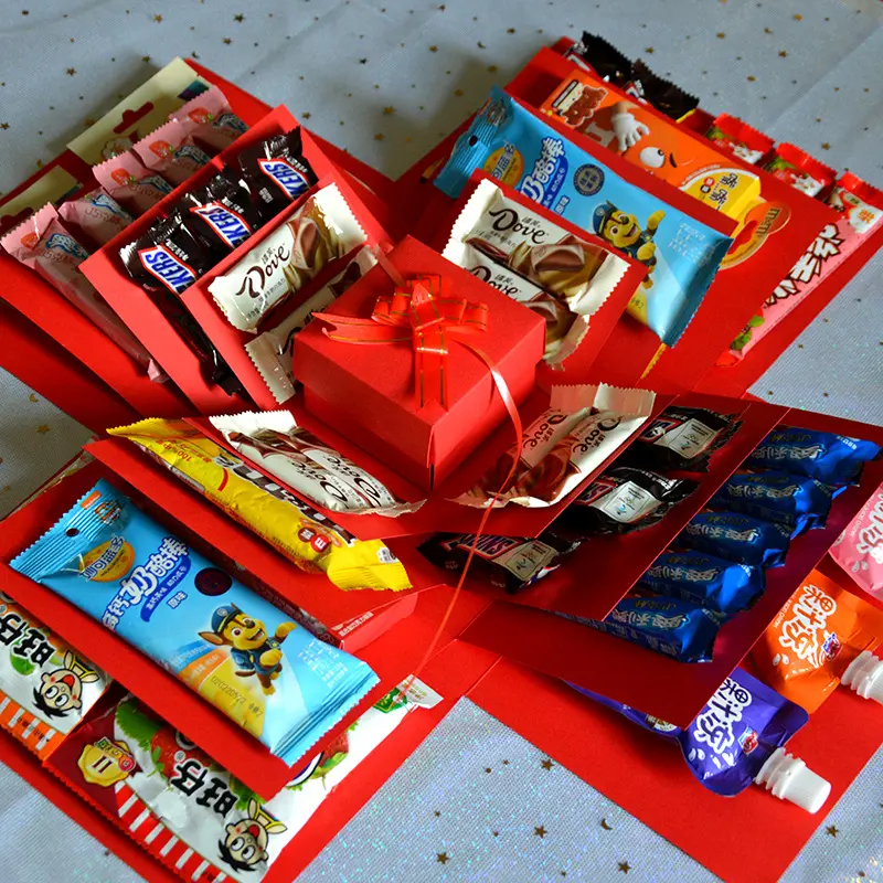 5 Layer Surprise Explosion Gift Box with Ribbon, Multi-Pocket Snack Boxes Snacks Candy Chocolate Storage, Perfect for Birthday Holiday Festive Gifts