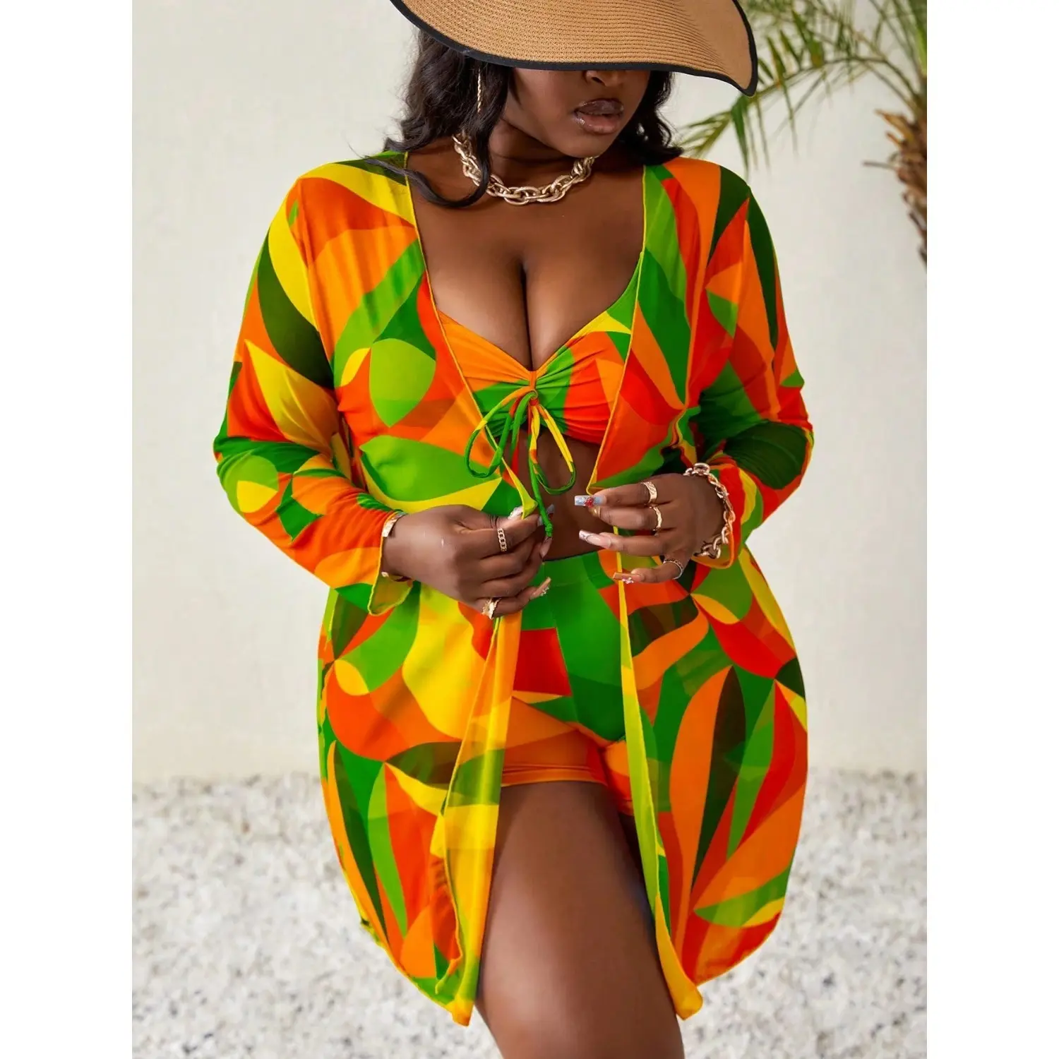 Plus Size  Women's 3 Pieces  Bikini Set Swimsuit Tropical Beach Bikini ShortsCover up Swimwear Bating  HightWasted Boho Tie-Front Bust Design#Summer Glow Up Plus Size Tummy Control Tankini bathing suit top shorts combo swimsuits