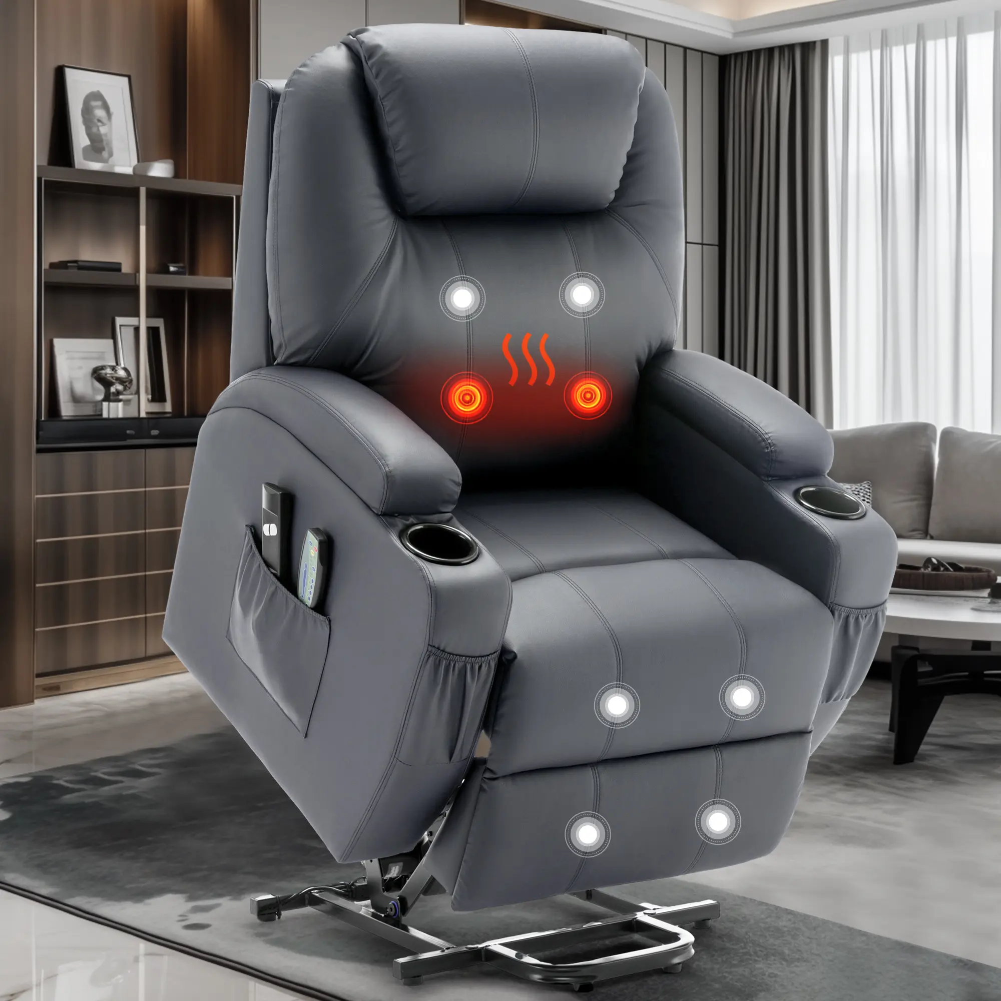 Modern Electric Recliner Chair with Massage, Lumbar Heating, Remote Control, Cup Holder, Performance Fabrics, and Black Storage Pockets