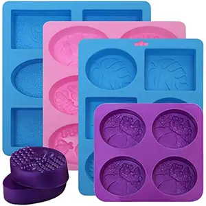 Silicone Soap Molds, 4 Pack Silicone Soap Molds for Soap Making, 6 Cavities Include Rectangle and Oval Ellipse Shapes, Flower Designs for Handmade Bar Soap (Blue & Pink & Purple)