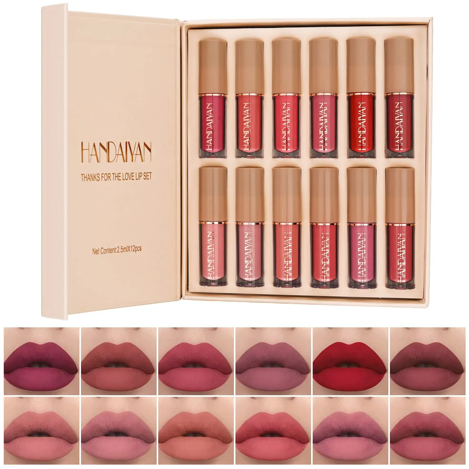 HANDAIYAN 12-Color Book-Style Velvet Matte Liquid Lipstick Christmas Gift Set, Long-Lasting, Non-Stick Cup, Non-Fading, Shimmer Nude Assorted Shades, Lip Products, Beauty Products Cosmetic, Glossy Lips, Transfer Proof Makeup, Everyday Glam