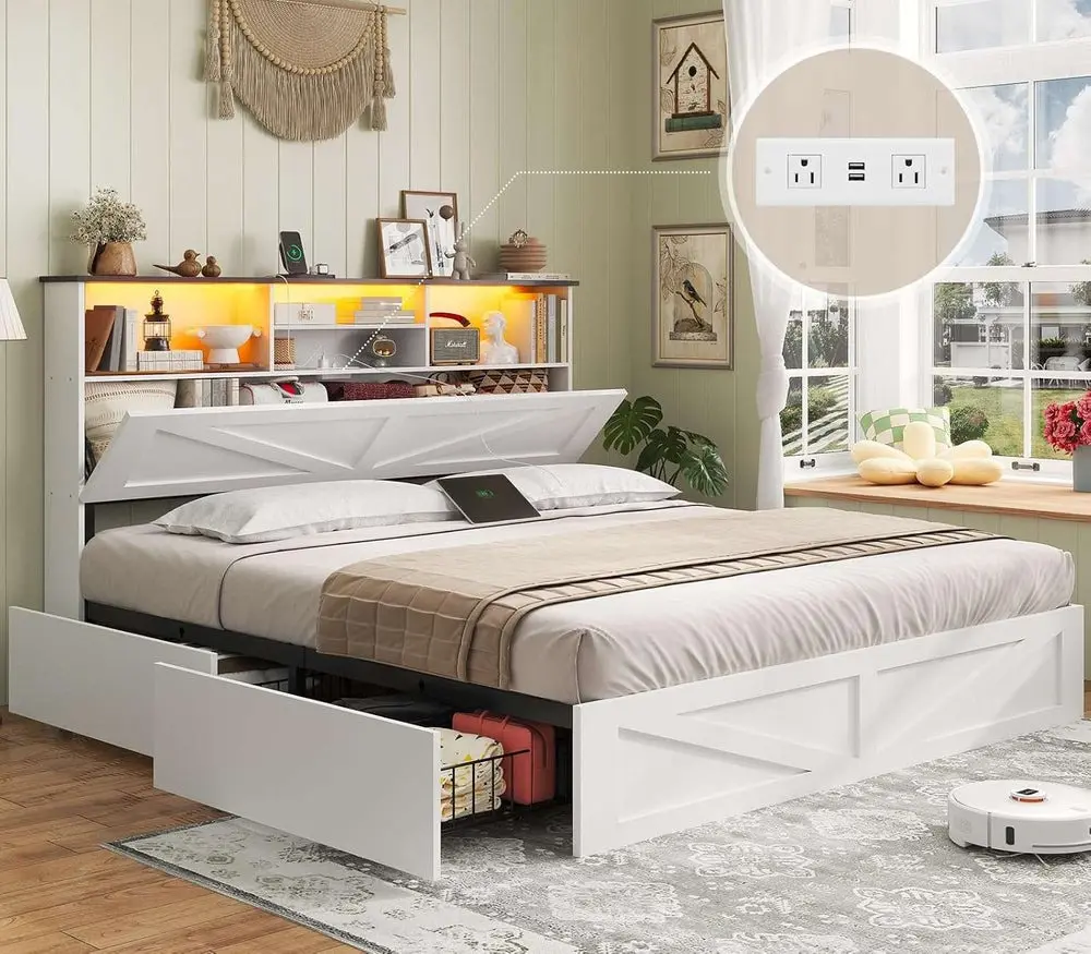 [SummerSale] Sikaic Farmhouse Queen Bed Frame with 4 Storage Drawers and LED Lights, Wooden Platform Bed Frame for Bedroom, White, Home Furniture, Dorm Essentials