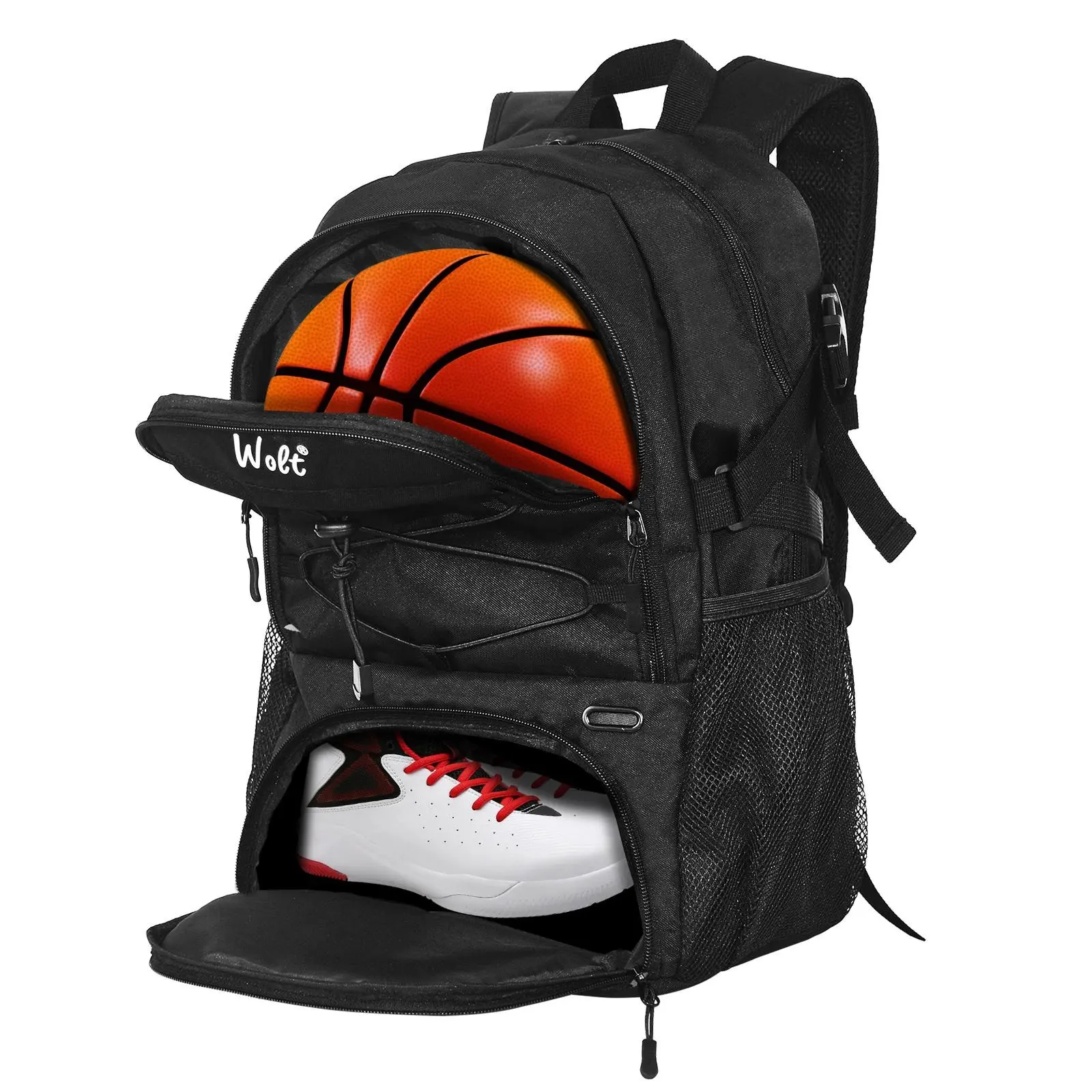 Wolt Basketball Backpack with Separate Ball & Shoe Compartments, Large Polyester Sports Bag with Vent Holes and Ergonomic Adjustable Straps for Gym, Travel & Sportsball, Padded Straps, Adjustable Fit, Basketballs, Unisex, Polypropylene, Large Size, Compar