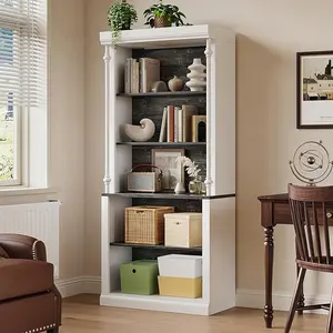 5-Tier Open Bookcase, Tall Roman Column Bookshelf with LED Lights, White & Black Wood Grain Adjustable Book Shelves, Freestanding Display Storage Organizer for Home Office, Living Room
