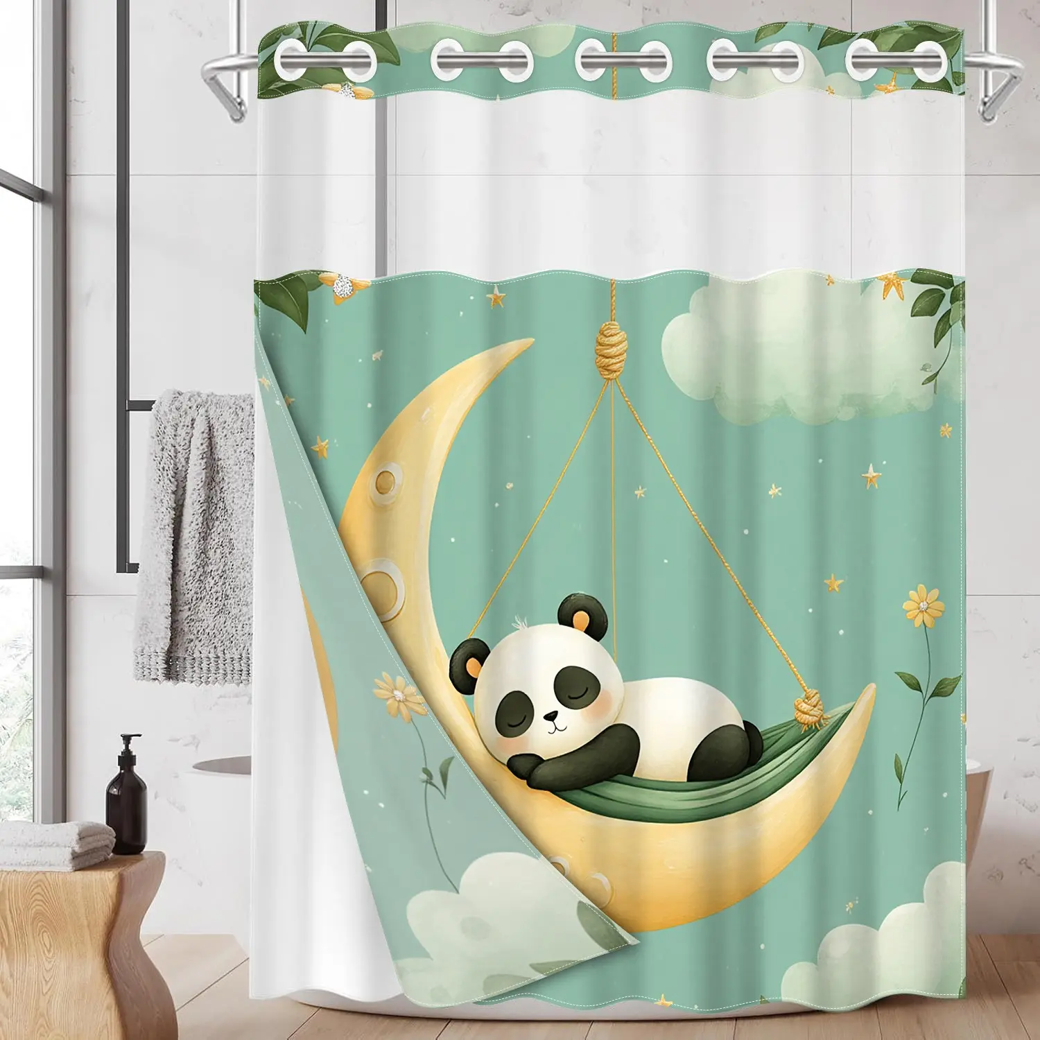 1pc hookless shower curtain with buckle lining, spring panda sleeping moon design 2D flat print, fabric waterproof lining shower curtain with see-through window double layer shower curtain, 71 x 74 inches, modern home curtain decoration, Bathroom Supplies