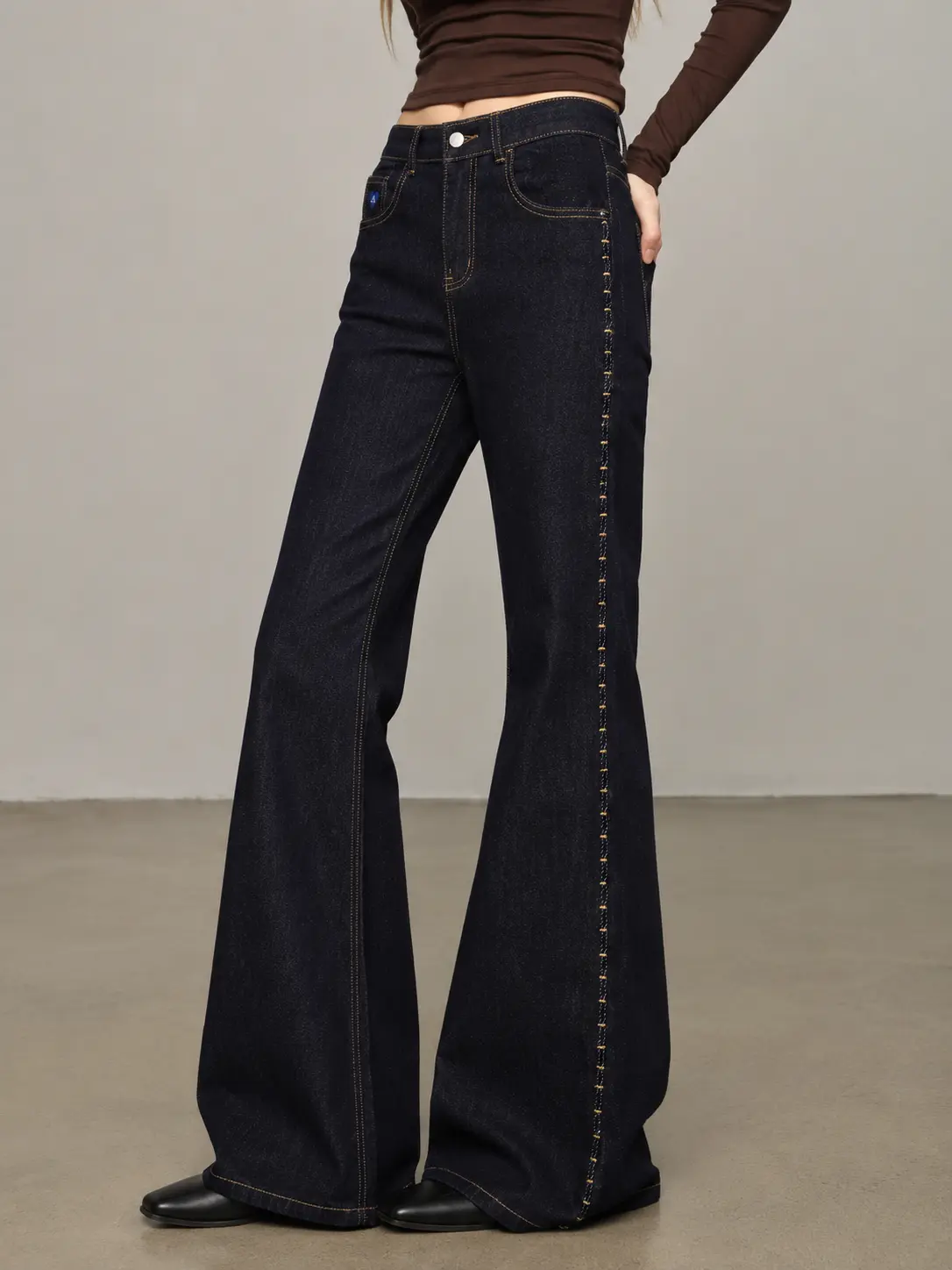 Aelfric Eden Topstitch Flare Jeans High Waist Flare Silhouette Decorative Gold Topstitch Detail Durable Denim Fabric Y2K Streetwear Women's Bottoms