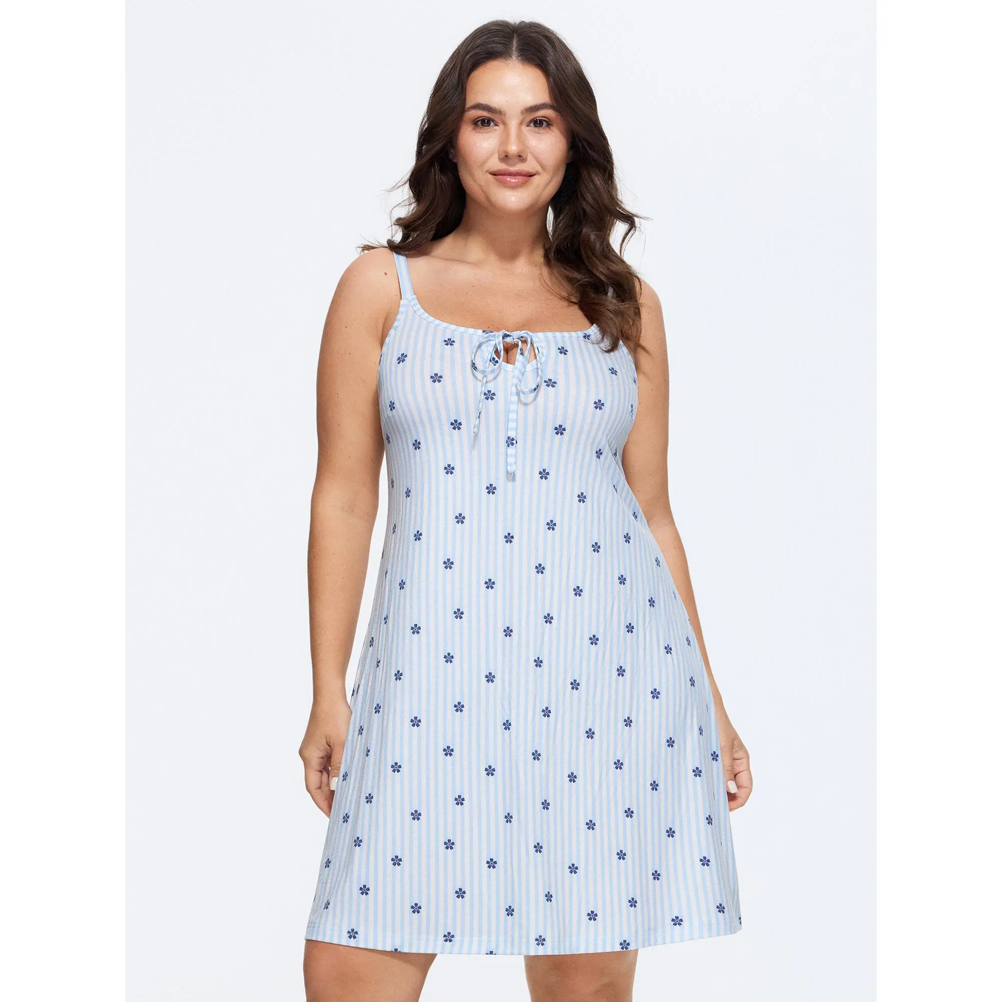 BloomChic Plus Size Ditsy Floral Nightgown in a Supersoft Stretchy Spandex Fabric, Sleeveless Lace-Up Loungewear, Garment, Nightwear, Stretchy Fabric, Adults, 19% Rayon, Do Not Tumble Dry, 76% Polyester, Cold Wash, Tie Closure, Iron On Low Heat