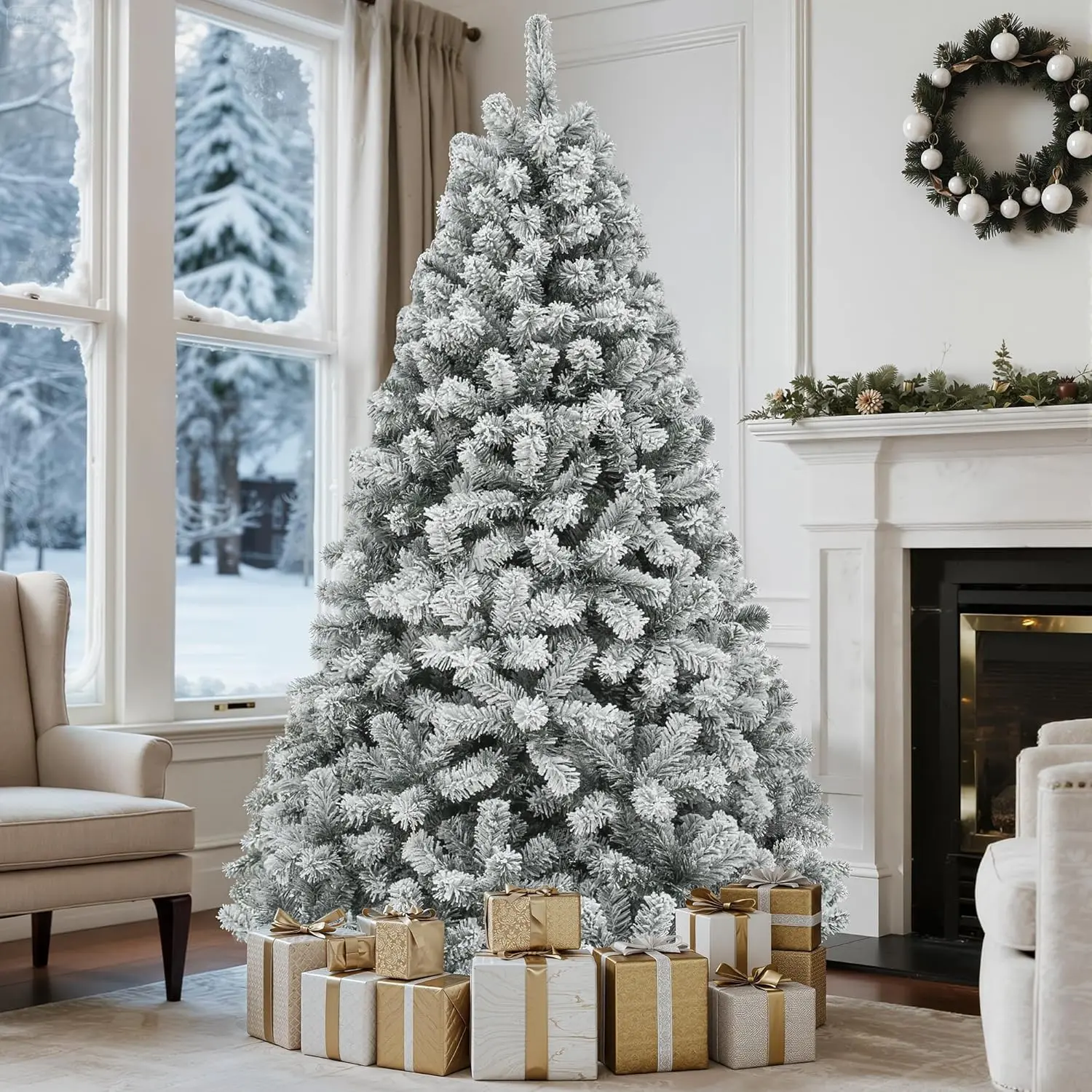 Yitahome 6/7.5FT(without Lights) Snow Flocked Christmas Tree, Snowy Spruce Hinged Artificial Christmas Tree with Branch Tips, Christmas Tree for Home, Party Decoration
