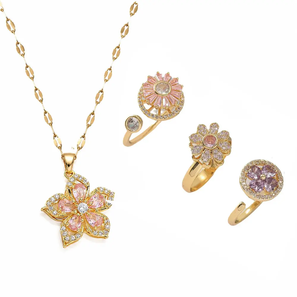 Spinning Anxiety Relief Necklace & Ring Set for Women, 3D Floral Stainless Steel Fashion Jewelry with Cubic Zirconia Bling Effect, Perfect for Daily Wear & Birthday Gifts, Everyday, 3D Floral Pendant, Female, Luxury