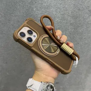 Fin For iPhone Series 360 Rotate Stand Holder Magsafe Case for iPhone 13 12 14 15 16 Pro Max 14 15 16 Plus Airbag Anti-knock Cover with Wrist Strap