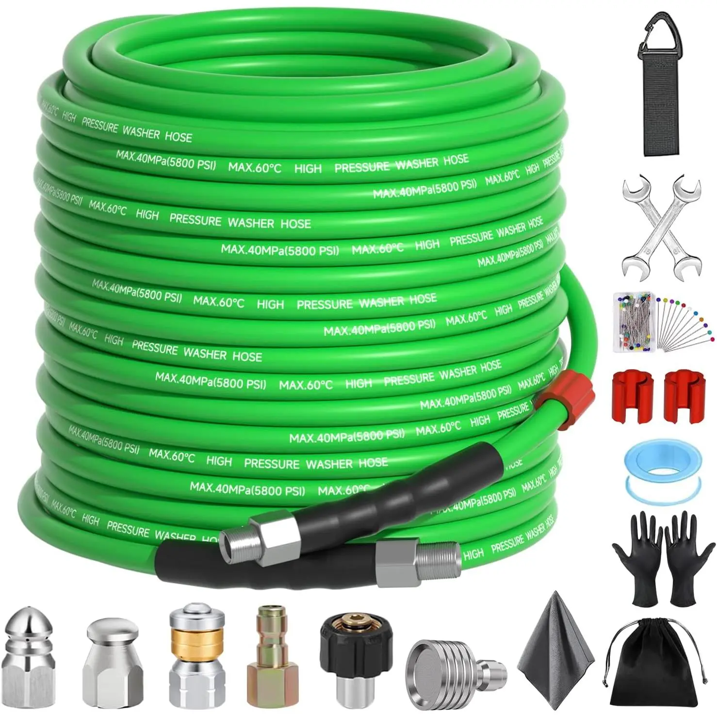 Sewer Jetter Kit for  Washer 100 FT,Drain er Hose 1/4 Inch NPT Corner with  Washer Tips, Button Nose and Rotating Sewer Jetting Nozzle, Spanner Teflon Tape  Corsage Pin