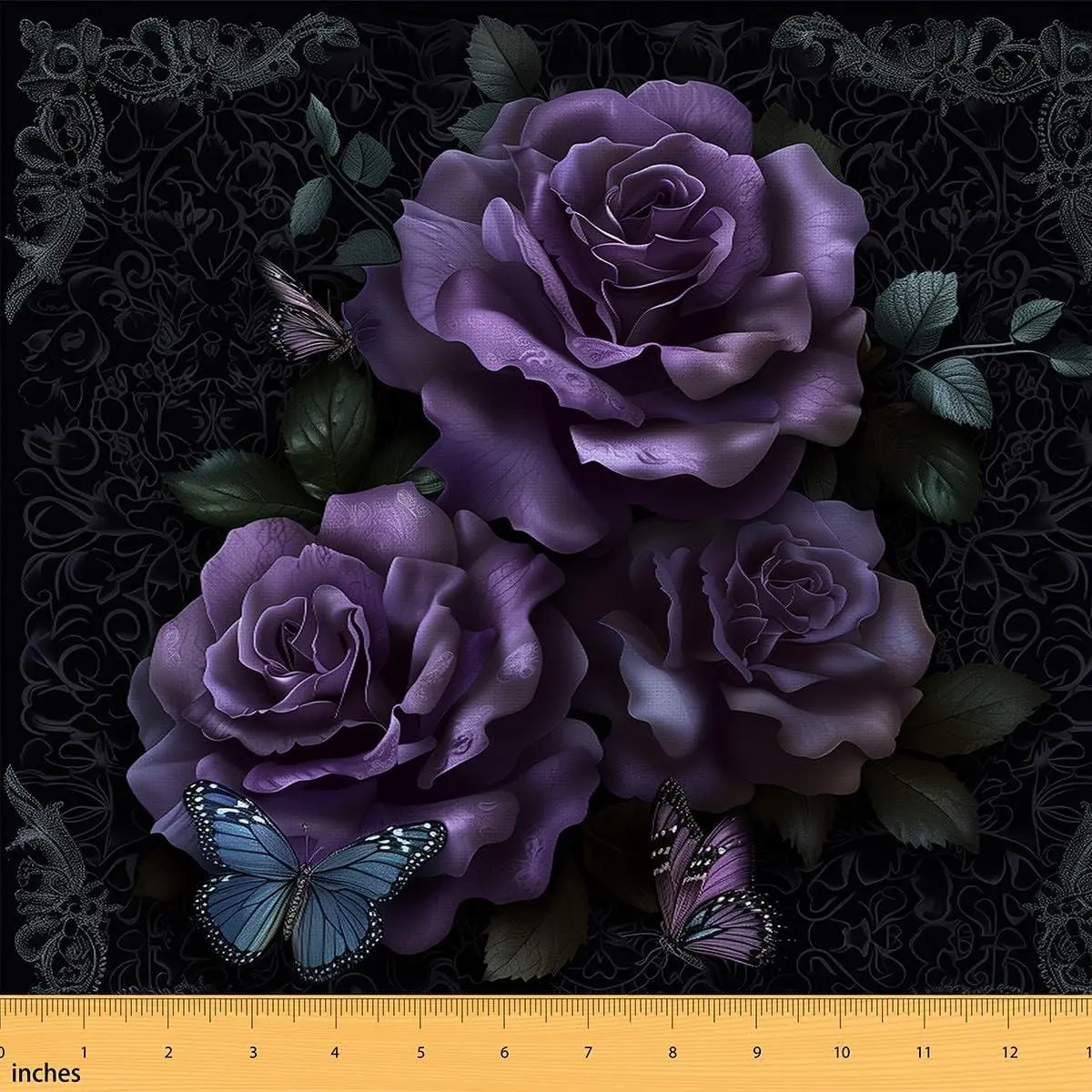 Purple Rose Flannel Fabric,Butterflies Upholstery,Boho Floral Banquet Leaves Botanical Decorative,Romantic Women Indoor/Not Stretchy,Black Purple Blue