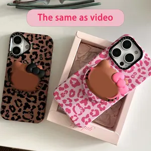Magnetic Collapsible Phone Stand with Mirror & Leopard Print Shock Absorbing Grip Cover for iPhone,Smartphone Tablet Cell Phone Accessory Magnetic