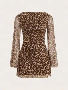 Women's Elegant Leopard Print Mesh Dress, Slim-Fit Backless Bodycon, Sleeveless Summer, All Season Wearable, Womenswear