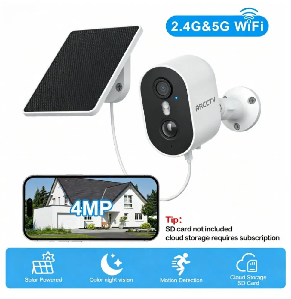 ARCCTV Home Wireless Surveillance Security Camera, 2.4G&5G Wi-Fi, 2K HD 4x Solar Powered, Color Night Vision, 2-Way Talk, Alexa Compatible, IP65 Weatherproof Surveillance Camera, Cloud Storage, Wall Mount