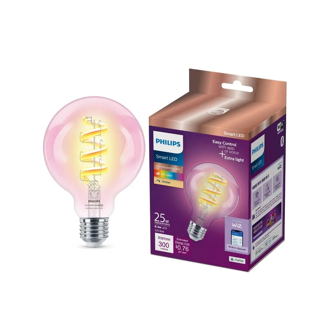 Philips Smart 40W Clear Color Filament G25 1P: LED Light Bulb Dimmable 300 Lumens E26 Base Compatible with Alexa & Google Home
