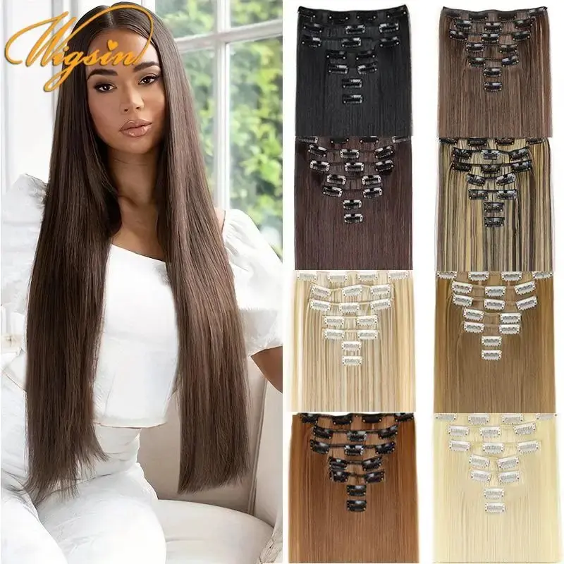 2026 New  24Inch Synthetic 7Pcs/set Long Straight Hair Extension 16Clips Hairstyle Black Blonde Hairpiece for Women