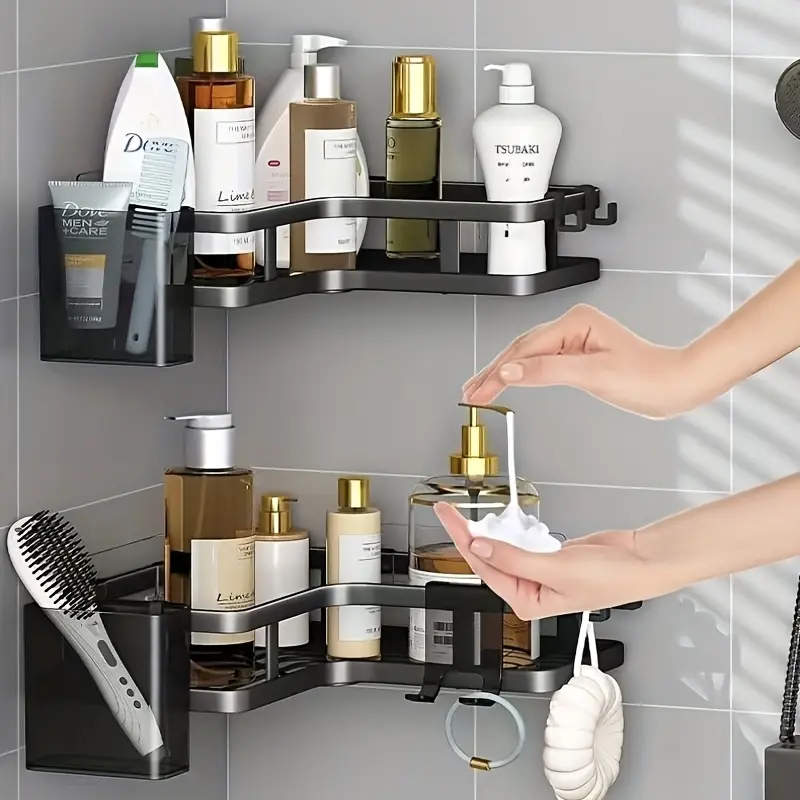 No-drill double-layer bathroom corner storage rack, stainless steel, rustproof, adhesive wall-mounted storage for bathroom corners, complete accessory set