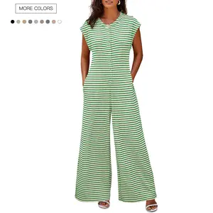 Danedvi Womens Casual Striped Jumpsuits Summer Cap Sleeve Wide Leg Jumper Romper Button Down Travel Beach Outfits Chic Overalls