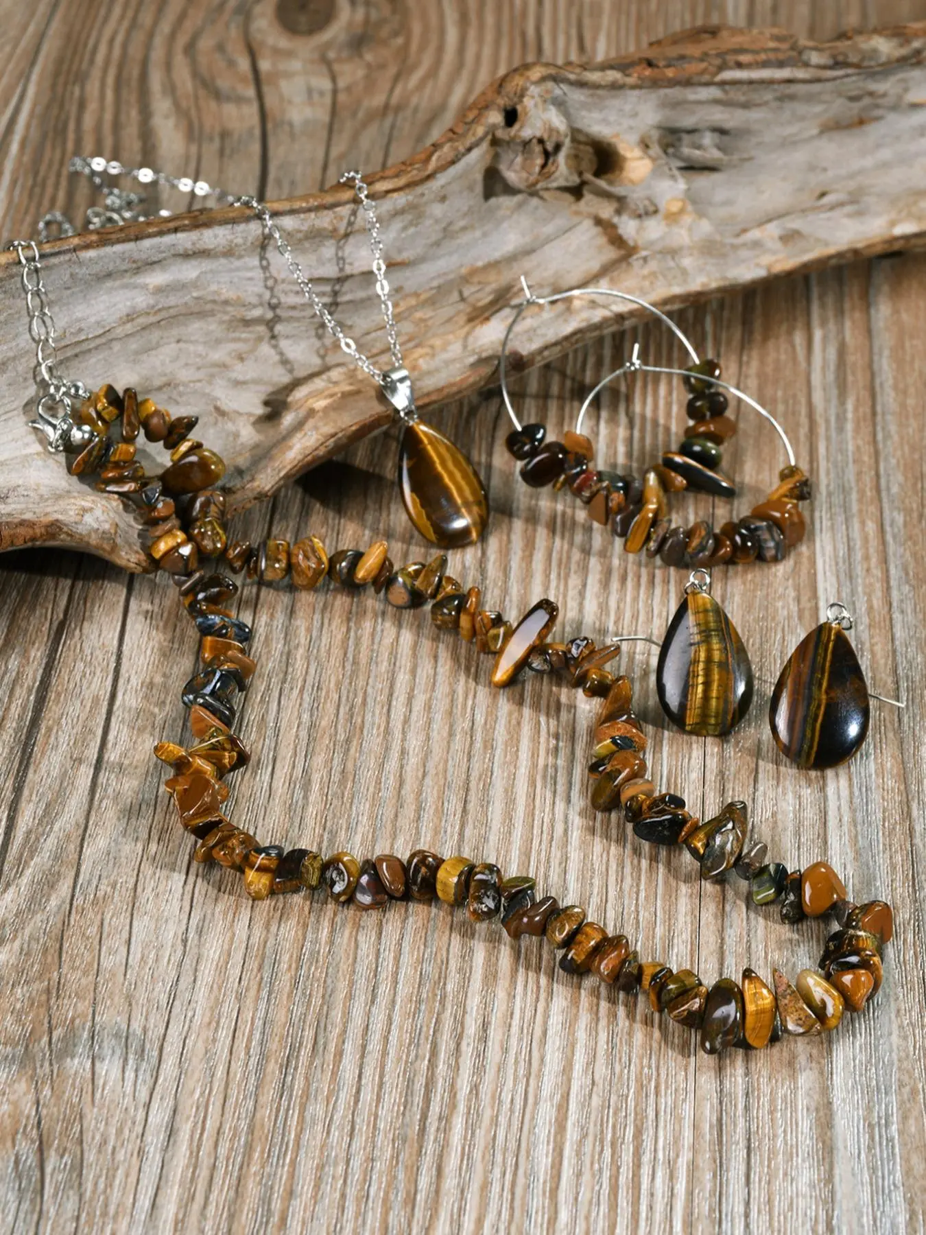 Boho Style Natural Tiger Eye Stone Decor Jewelry Set, Including Necklace & Dangle Earring, Fashion Accessories for Women & Men