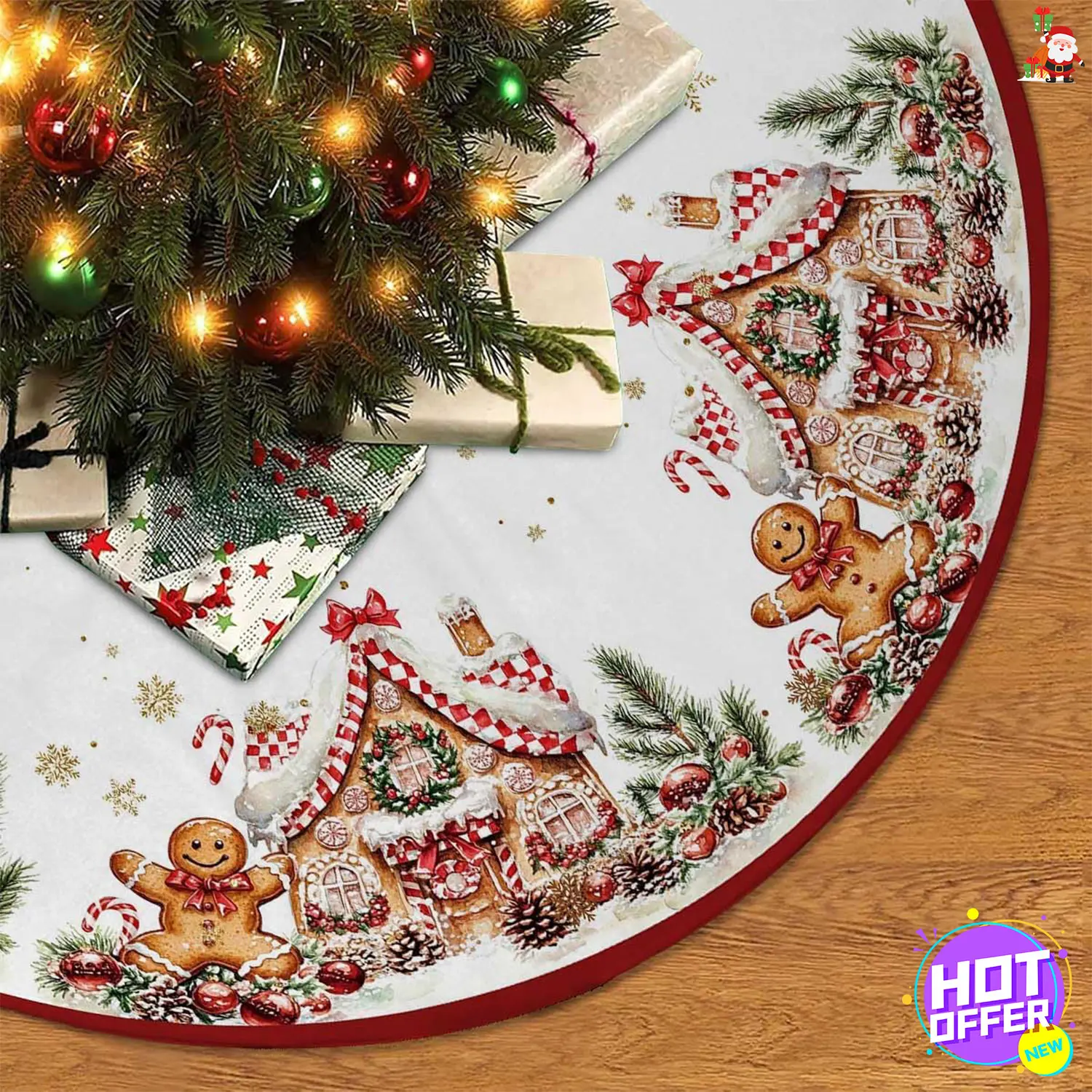 2 Pcs Christmas Tree Skirt 48Inches Christmas Gingerbread Sweet Candy Lollipop Xmas Tree Skirt Mat for New Year Holiday Christmas Party Red Gold Decorations