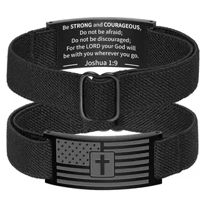 American Flag Cross Bible Verse Bracelet for Men Boys, Black Elastic Stretch Strap Adjustable Bracelets Christian Jewelry Gifts