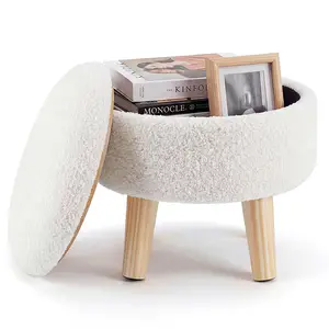 Round Storage Ottoman Foot Rest, Compact Boucle Upholstered Footstool with Hidden Storage, Padded Seat, Small Coffee Table for Living Room, Bedroom