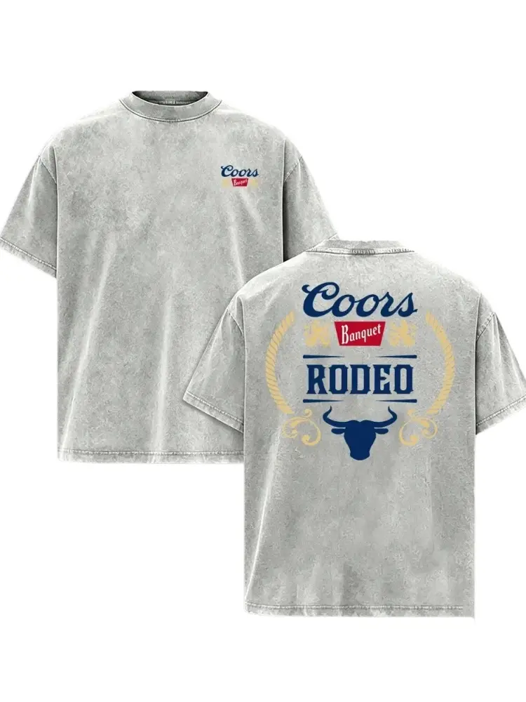 Men's 100% Cotton Vintage Washed Short-Sleeve Oversized Rodeo Graphic T-Shirt - Heavyweight Menswear, Western Cowboy Skull Ranch Casual Country Streetwear Summer Top, Shortsleeve, Graphic T Shirts stylish everyday wear fit