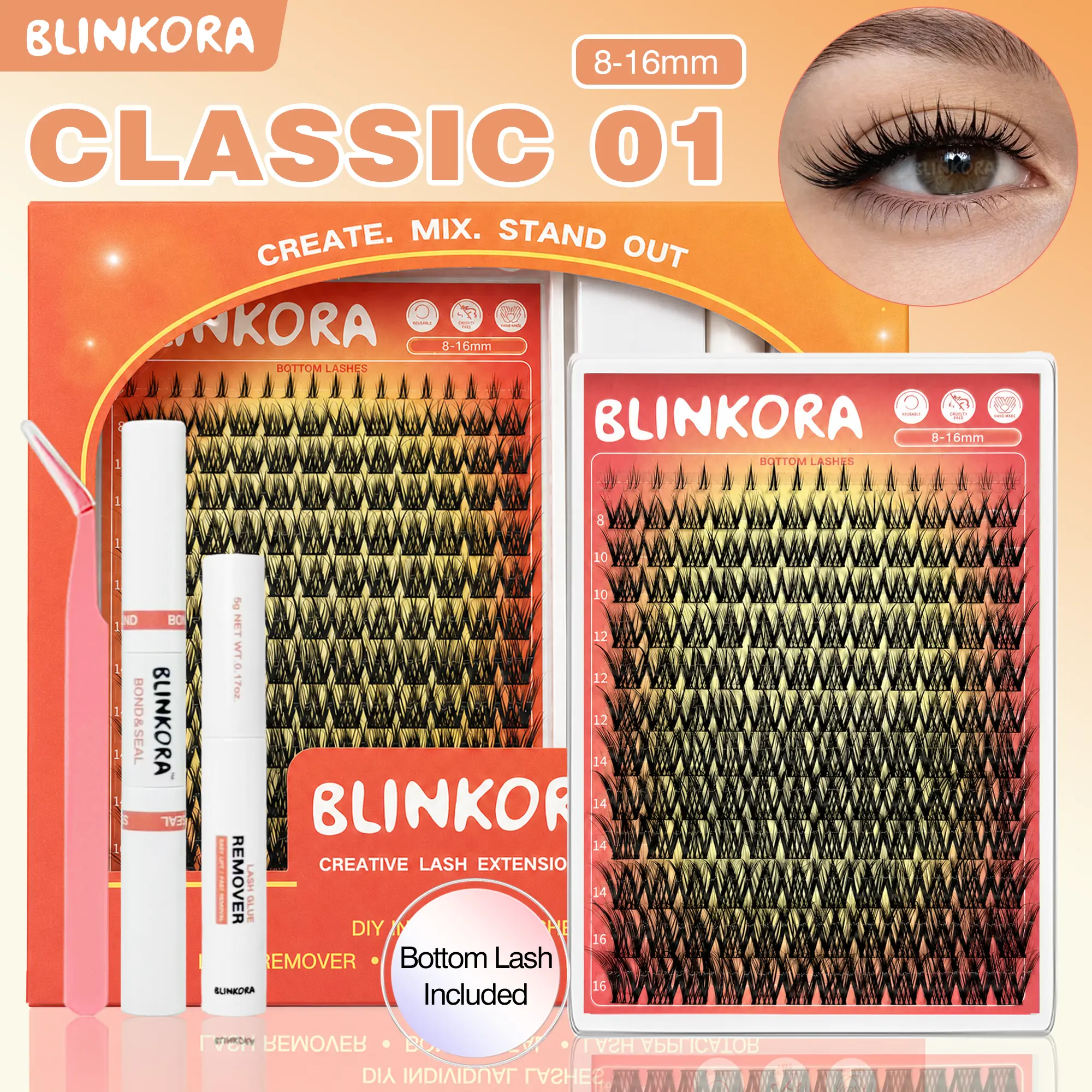 Blinkora Classic01 Lash Cluster Kit, 8-16mm Fluffy Wispy Beginner-Friendly Cluster Lashes, Natural Volume Look, Waterproof Long-Lasting Lash Extensions, Free Glue, Remover & Applicator, Beauty Products Makeup Cosmetics, Beginner Friendly, Salon Quality