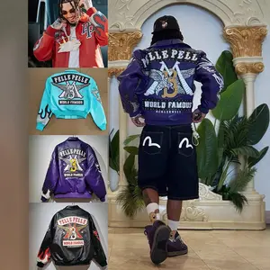Pelle Pelle 1978 Oversized Vintage Leather Varsity Jacket Flame Eagle Embroidery Rhinestone Hip Hop Bomber| Unisex 90s Rapper Style Statement Coat for Men Women Streetwear OOTD