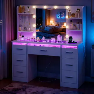 White Makeup Vanity Desk, LED Lighted Vanity Desk with Glass Top, RGB Lights, Power Outlet,Adjustable Mirror, 7 Drawers for Girls' Bedroom