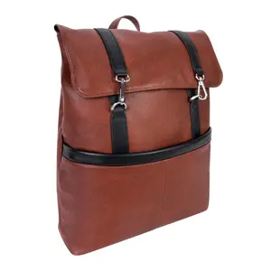 212 MAIN 17 in. U Series Pebble Grain Leather Laptop & Tablet Backpack with Laptop Sleeve, Adjustable Straps, Expandable Design, 2-Tone Contrast Trim Flap-Over, Office Work Bag, Brown