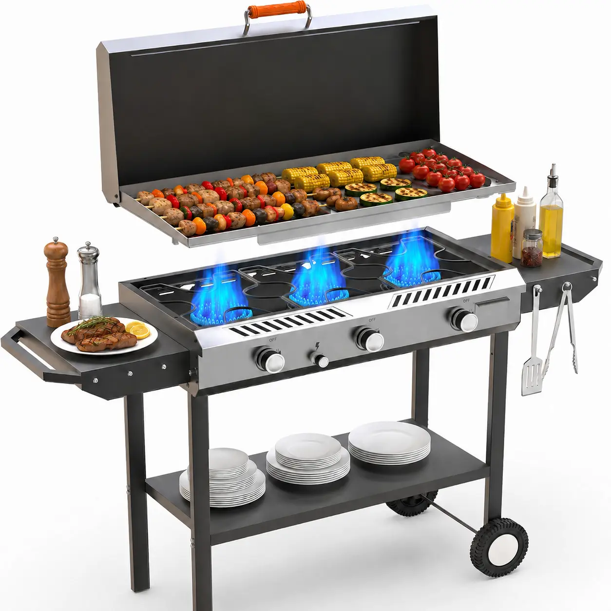 2-in-1 Flat Top Gas Grill & Propane Griddle, 225,000 BTU 3-Burner Outdoor Stove with Lid, Electronic Ignition, Side Shelves & Regulator for Backyard BBQ, Patio Cooking, Camping