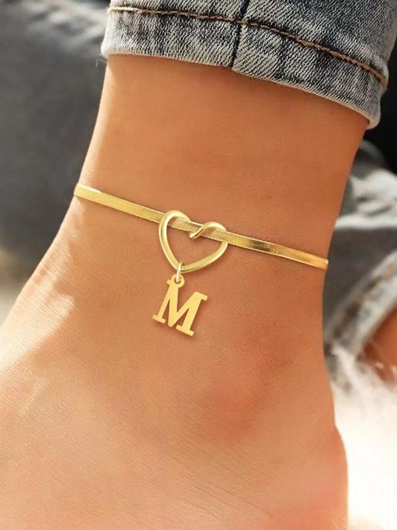 Heart Initial Anklet for Women, Fashionable Stainless Steel Herringbone Chain Anklet for Women & Girls, Trendy All-match & Exquisite Jewelry Fashion Accessories for Birthday Gift