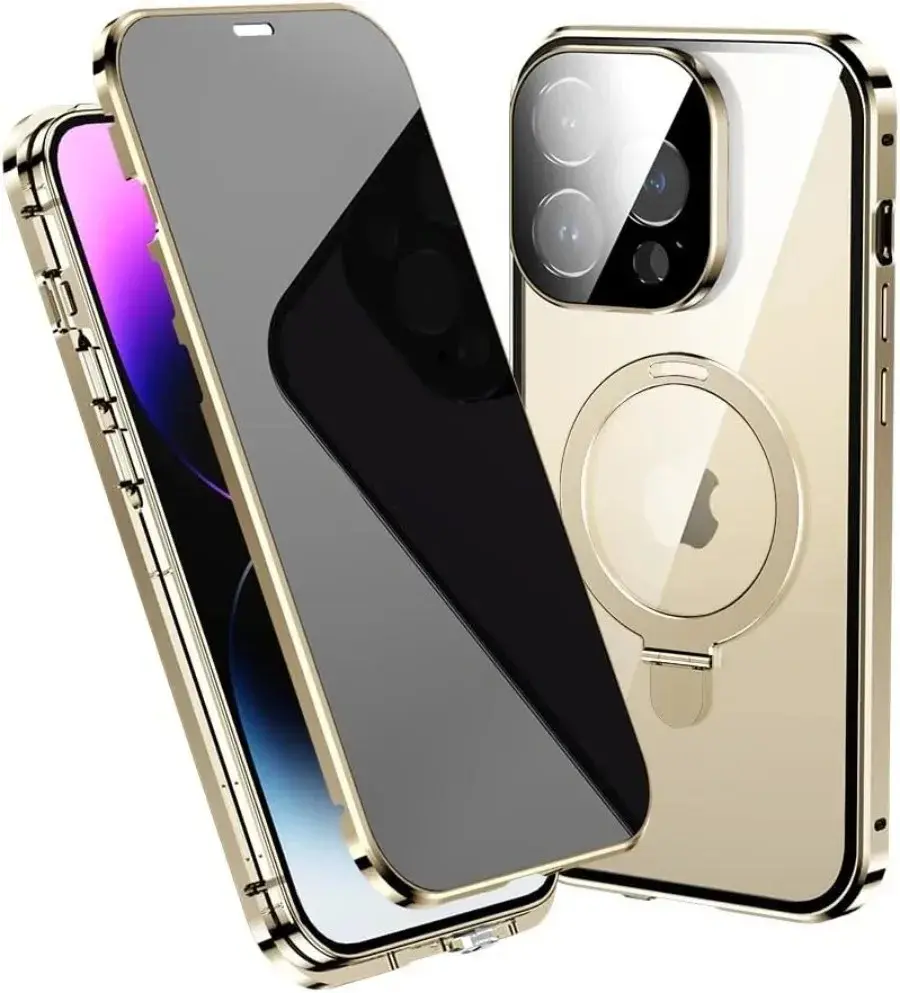 For iPhone 16 15 14 Pro Max Anti-Peeping Metal Frame Double Sided Protection Magnetic Case Privacy Screen Lens Protector Stand