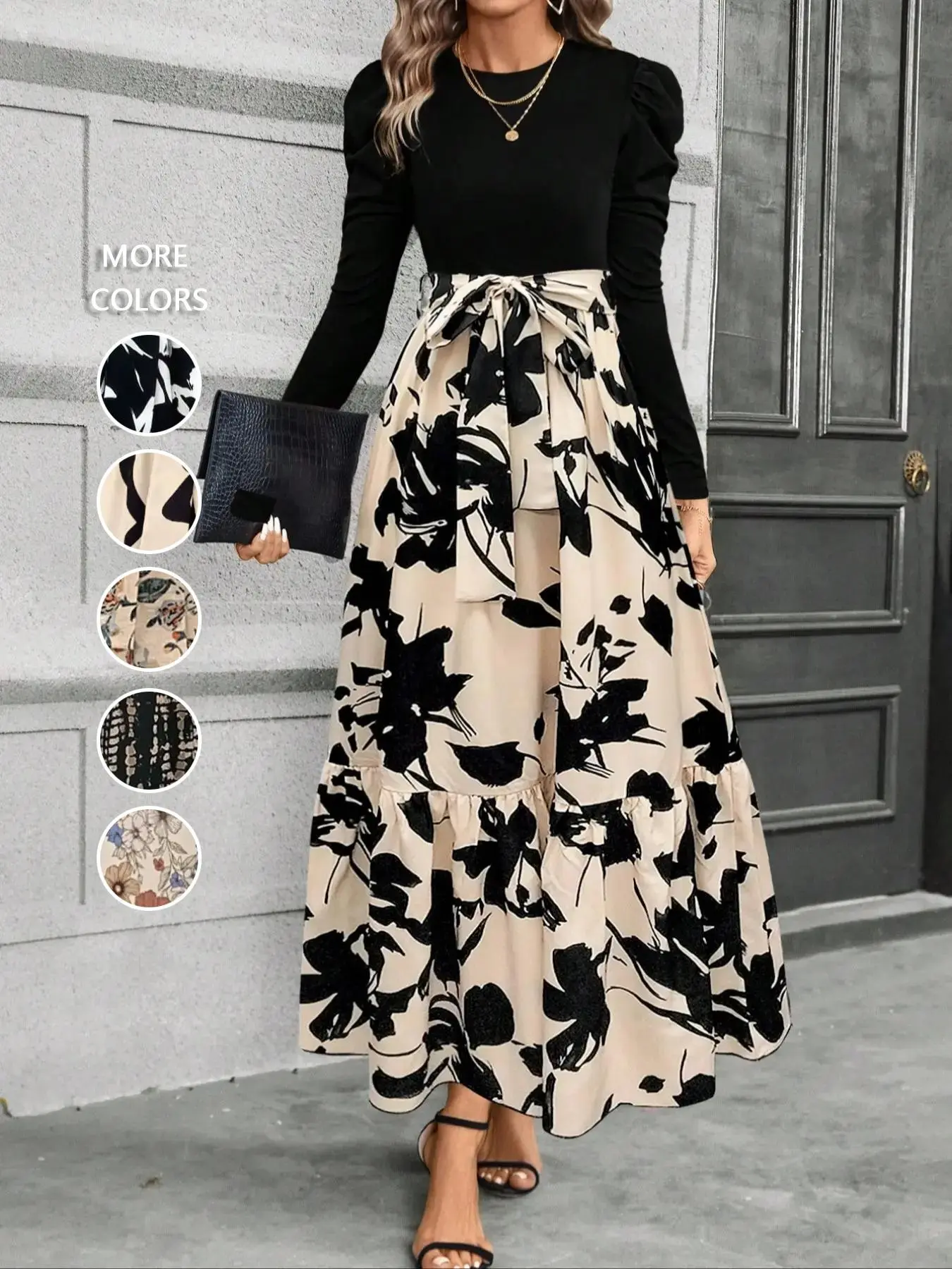 Women's Slim Fit Round Neck Belted Ruffle Floral Dress, Fashion Chic Long Sleeves A-Line Maxi Dress for Spring & Autumn, Everyday Casual Wear