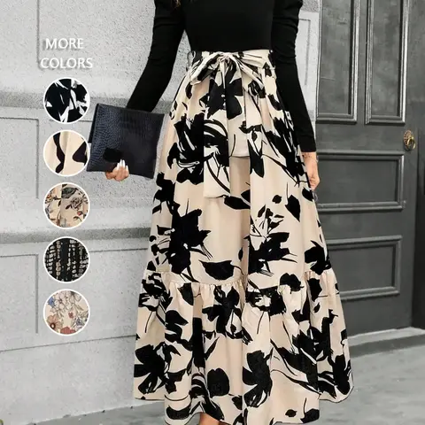 Women's Slim Fit Round Neck Belted Ruffle Floral Dress, Fashion Chic Long Sleeves A-Line Maxi Dress for Spring & Autumn, Everyday Casual Wear, Dresses with Sleeves