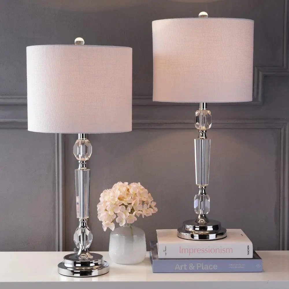JONATHAN Y Victoria Crystal Base LED Table Lamp - Cotton Accents, Drum Shade, 60-Inch Cord, Included LED Bulb, Antique Look Indoor Lighting Fixture (Manufacturer Warranty) for Bedroom, Living Room